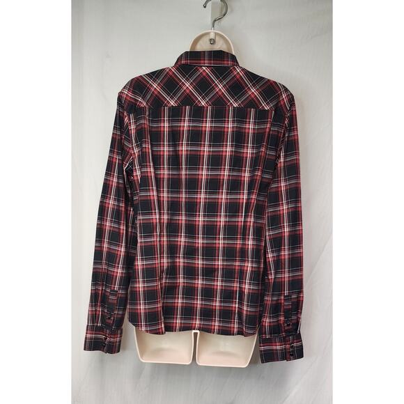 Talbots Jewel Button Front Red/Black Plaid Ruffle Front Long Sleeve Size 12 - Picture 4 of 9